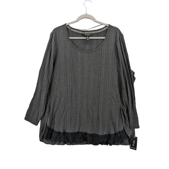 Style & Co Blouse 2X Gray Lace Trim Hi Low Plus Long Sleeves Side Slit Crochet - Picture 11 of 11